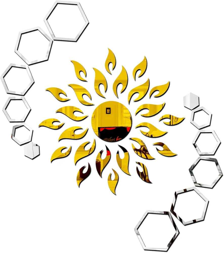 Bikri Kendra - Art BK91, Sun with Hexagon Ring 2 Set. - 3D Acrylic Mirror Stickers for Wall 