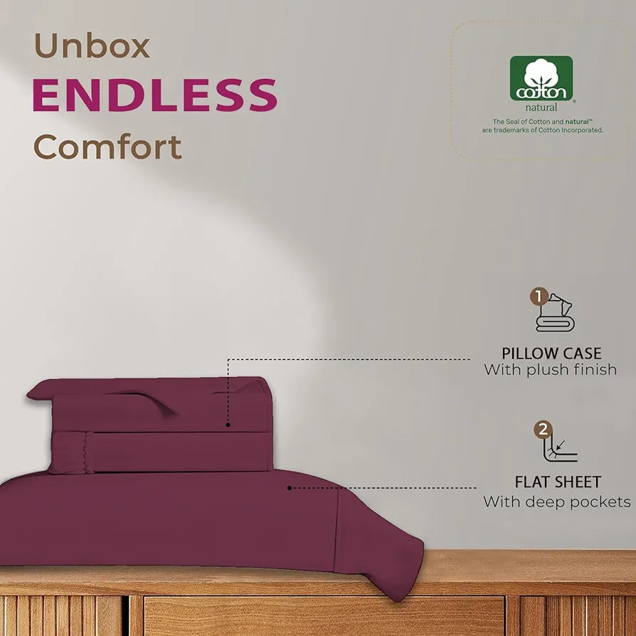 Trance Home Linen 100% Cotton 78x72 inch King Elastic Fitted Bedsheet | 400TC Soft Durable Plain Fitted Elastic Bed Sheet with 2 Pillow Covers 