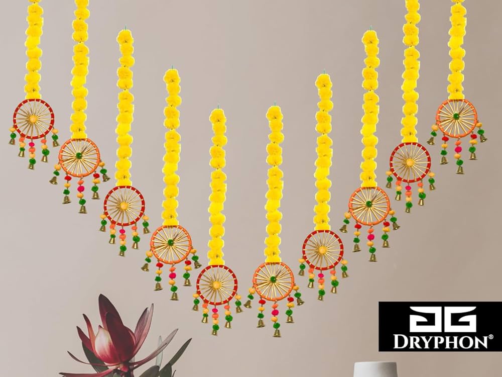 DRYPHON Artificial Marigold Flowers With Pom Pom Ring Bell Hanging Garlands for Home Decoration, Diwali, Wedding, Puja 