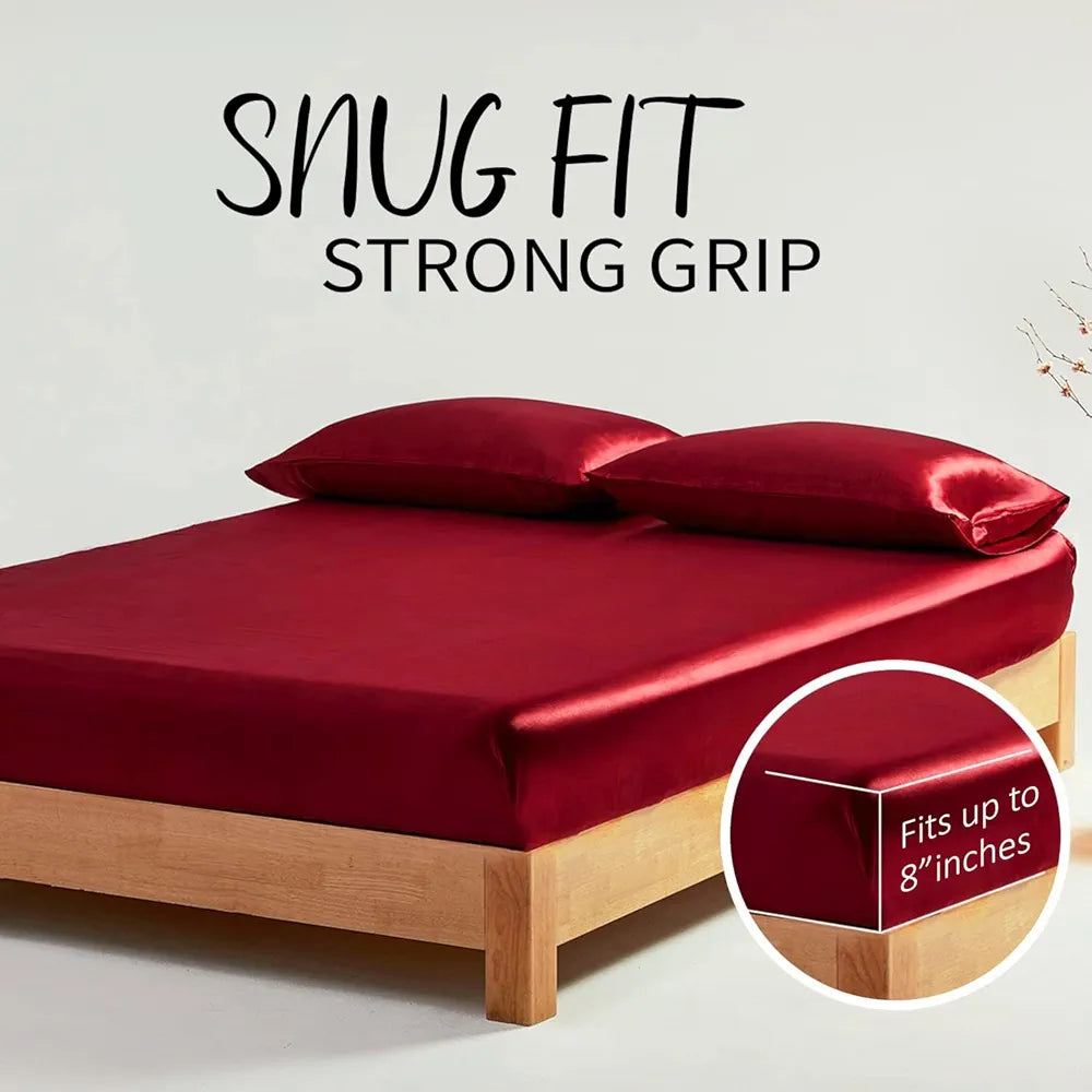 Cloth Fusion Satin Elastic Fitted Bedsheets Double Bed, Luxury Queen Size Bed Sheet with 2 Pillow Covers 