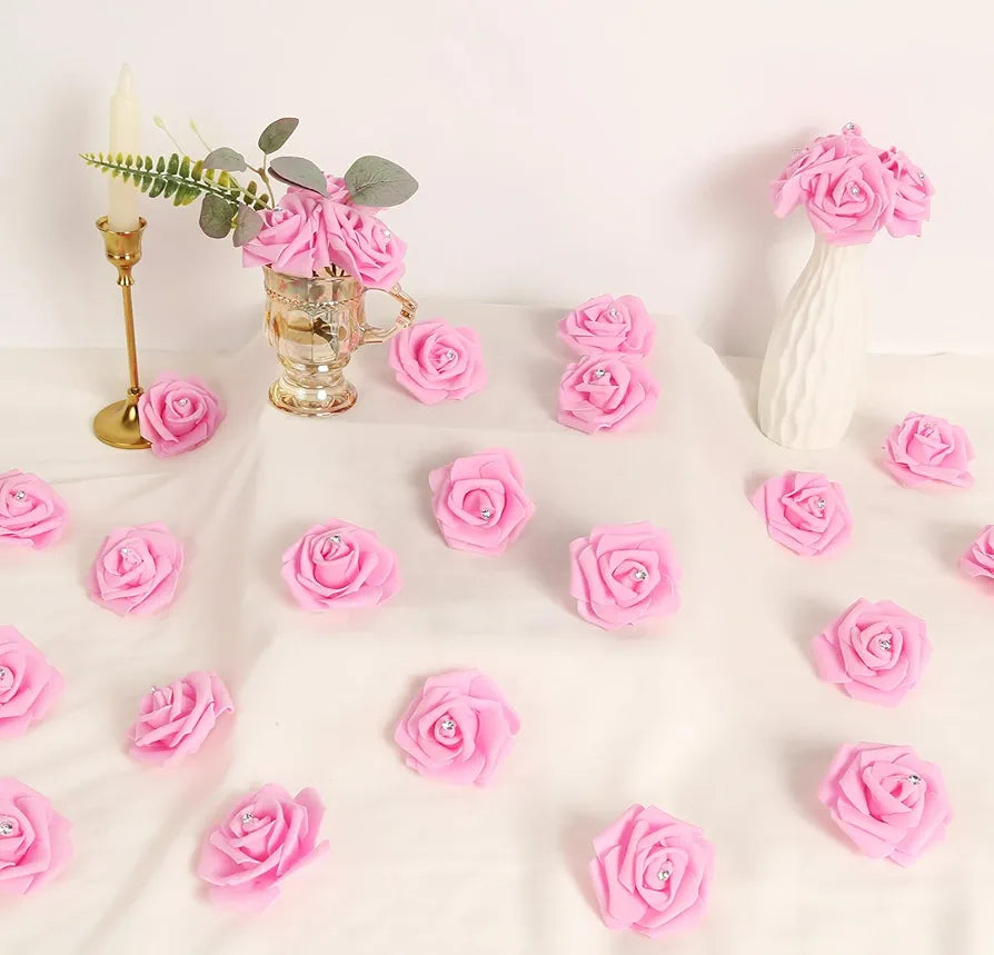 IPOPU 100pcs Pink Foam Rose Artificial Flower Bulk with Crystal 3in Real Looking Stemless Fake Roses for DIY Craft Wedding Bouquets Wall Decoration Bridal Shower Arrangement Home Decorations