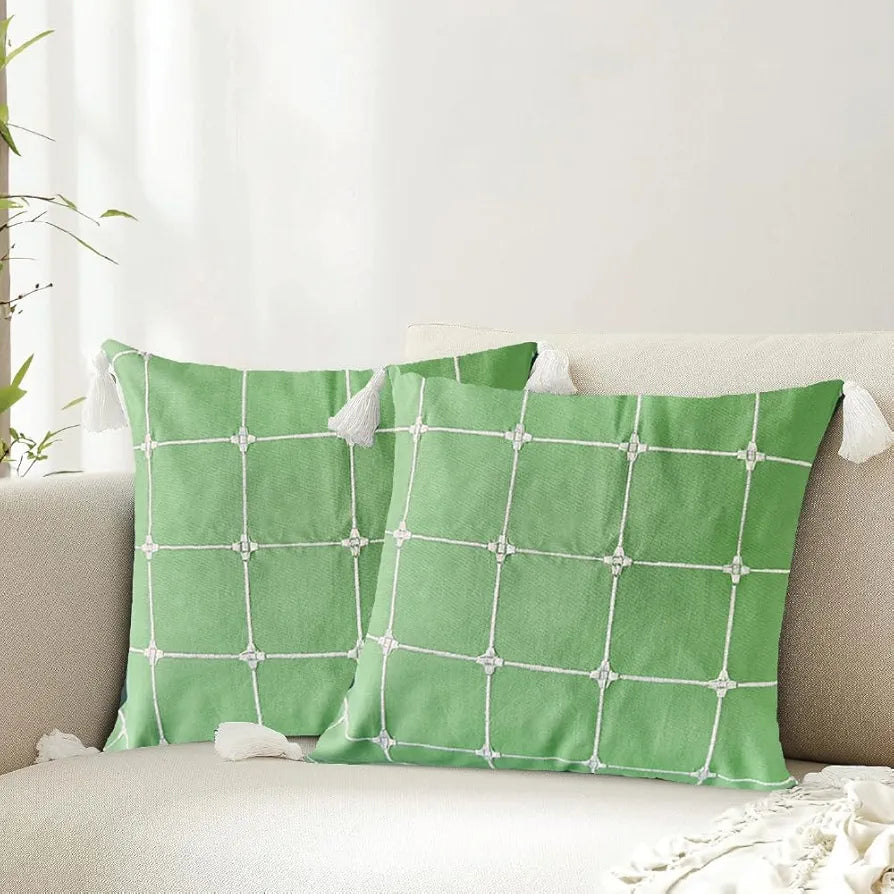 Urban Space Embroidered Cotton Cushion Cover Set of 2, 16 inch x 16 inch Cushion Covers for Sofa, Bedroom, Living Room 