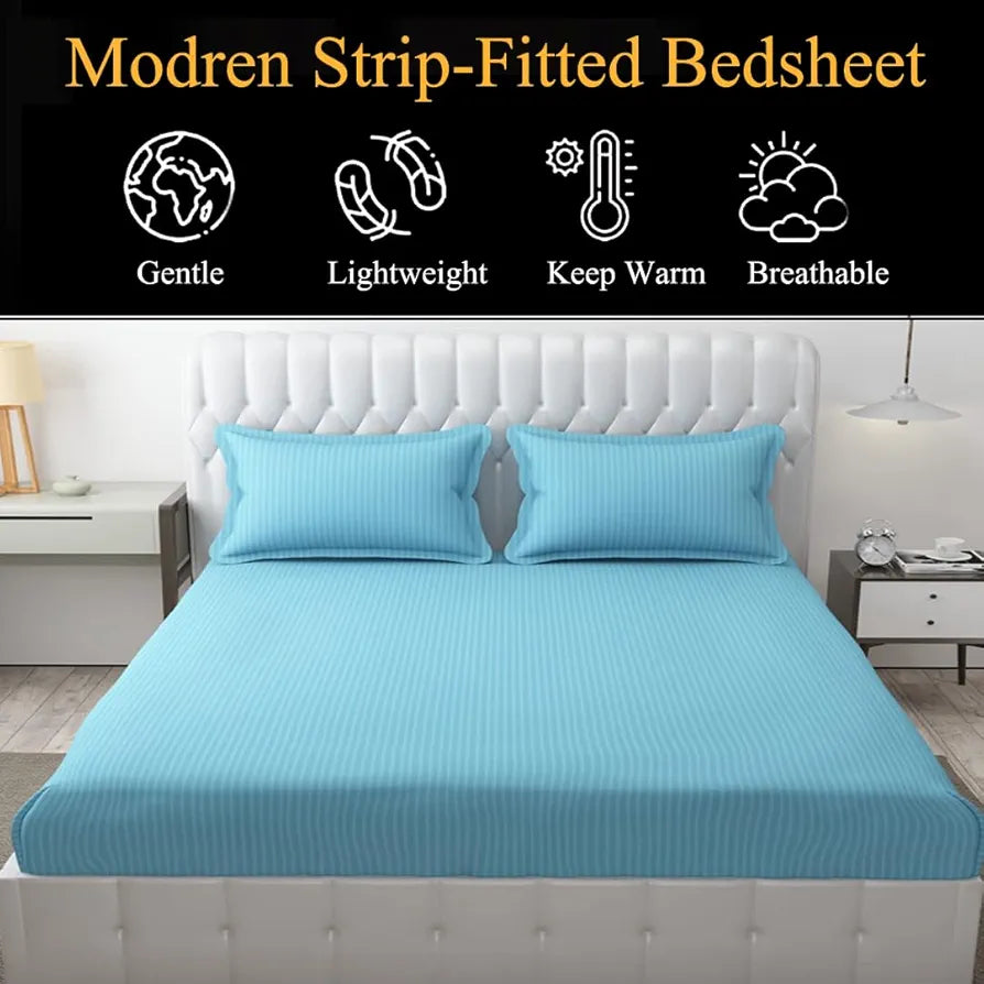 FRESH FROM LOOM Satin Striped Soft Fitted Bedsheet King Size Bed with Two Pillow Cover|Bed Covers for Mattresses Tuck in|Elastic Fitted Bed Sheets |,240 TC,Blue