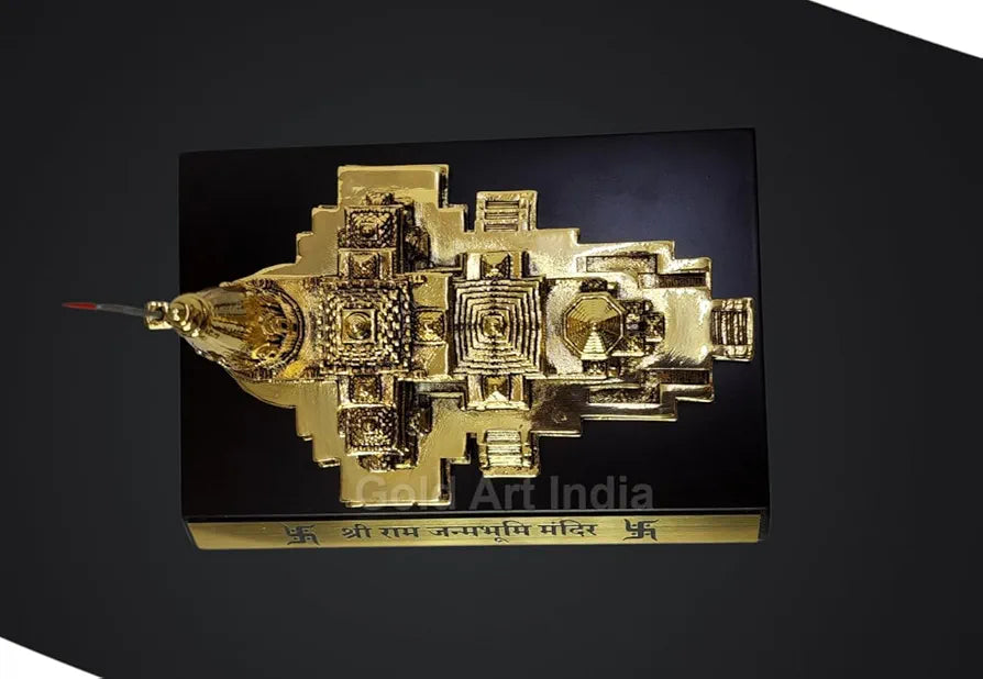 Gold Art India Ram Mandir Ayodhya Gold Plated Antique Matte - Minature for Car Dashboard, Gifting, Puja Room, Office Desk, Home Decor 
