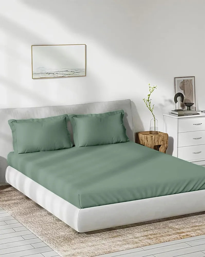 Trance Home Linen 300 TC Bamboo Fitted Queen Size Bedsheet | Soft, Breathable & Eco-Friendly Bedsheet with 2 Pillow Cover - 
