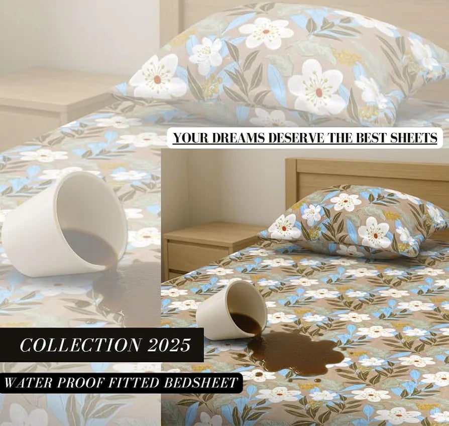 Waterproof Fitted Bedsheet for King Size 78x72+10 inch | Leakproof, Noiseless, Skin-Friendly | Elastic Bed Sheet with 2 Pillow Covers | Dustproof & Breathable -Green & White