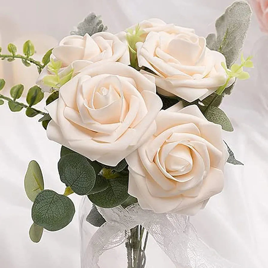 Artificial Flowers Champagne Roses W/Stem, Rustic Farmhouse Decor for Home Wedding Kitchen and Office Ideal Bridal Shower Party Home Decorations 25pcs