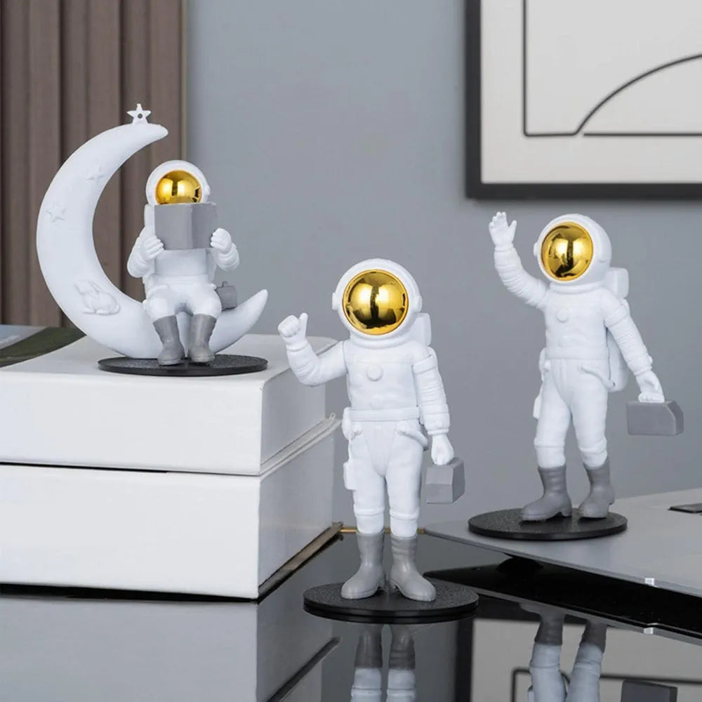 Street27 Resin 3Pcs Astronaut Figurine Mirror Spaceman Ornament, Home, Office, Desktop Decoration Bookshelves Outer Space Room Décor Astronaut Statues Sculpture , Space