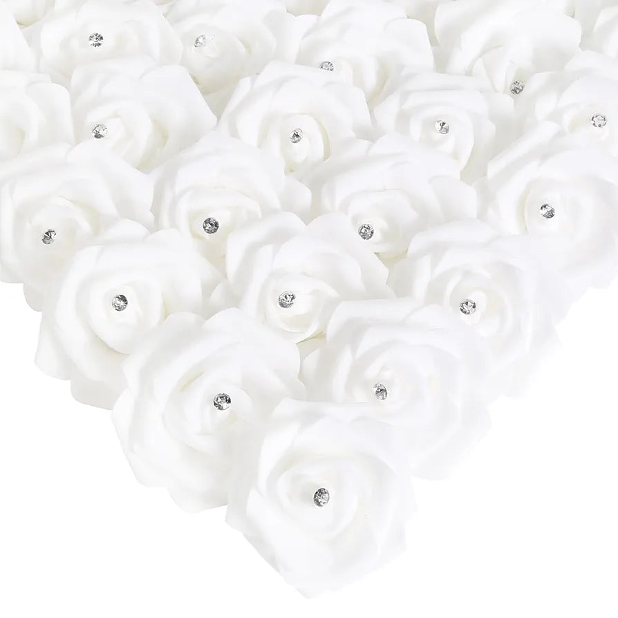 IPOPU 100PCS White Rose Artificial Flower Heads, 3in Real Looking Stemless Foam Roses Fake Flowers Bulk with Crystal for DIY Craft Wedding Bouquets Arrangements Party Home Decorations