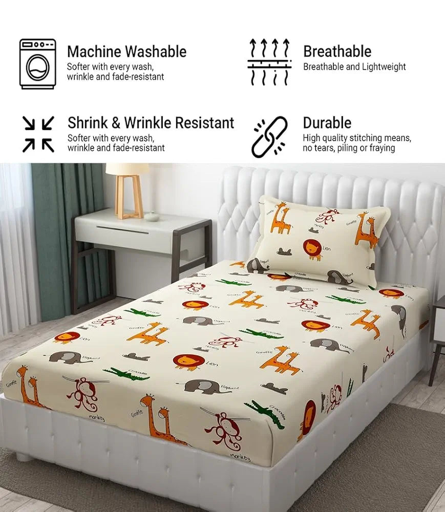 FRESH FROM LOOM Glace Cotton Wrinkle Free Soft Hypoallergenic Bed Sheet | Cartoon Printed | Single Bedsheet Bedsheet for Kids Room Boys Girls with 1 Pillow Cover , 144 TC
