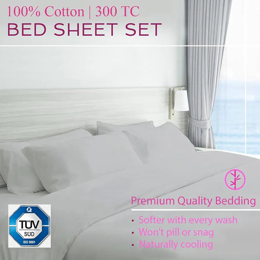 Trance Home Linen Premium 300 TC Pure 100% Cotton Queen Fitted Bedsheet with 2 Pillow Covers 