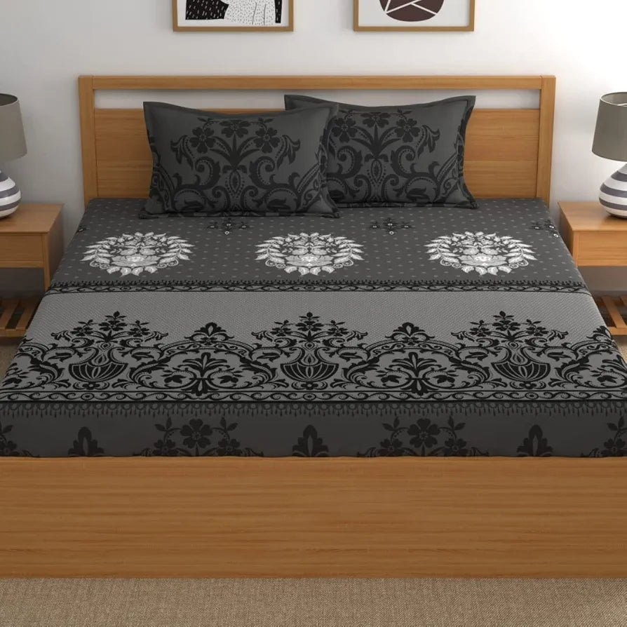 Dreamscape 100% Cotton King Bedsheet with 2 Pillow Covers, 140 TC Cotton Ethnic Dark Grey Bedsheet for King Bed 