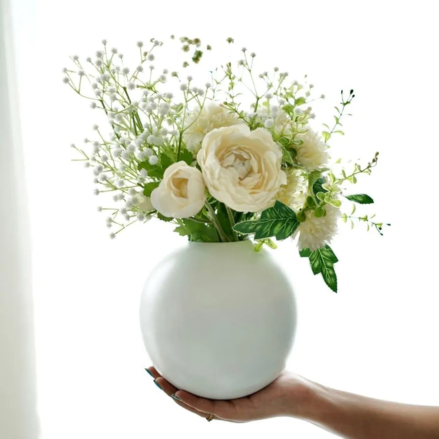 BEHOMA Metal Ball Flower Vase for Home Decor | Table Decorative Item for Bedroom Living Room Office Wedding | Best Gift for Birthday Anniversary Festival | White, Medium
