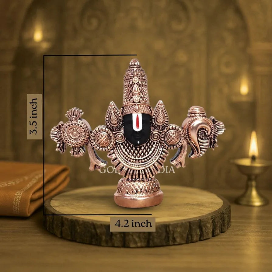 Gold Art India Lord Venkateswara Balaji Idol | Copper-Plated Antique Matte Finish | 3.5 x 4.2 inch | Small Tirupati Balaji Murti for Home Temple, Car Dashboard & Gifting