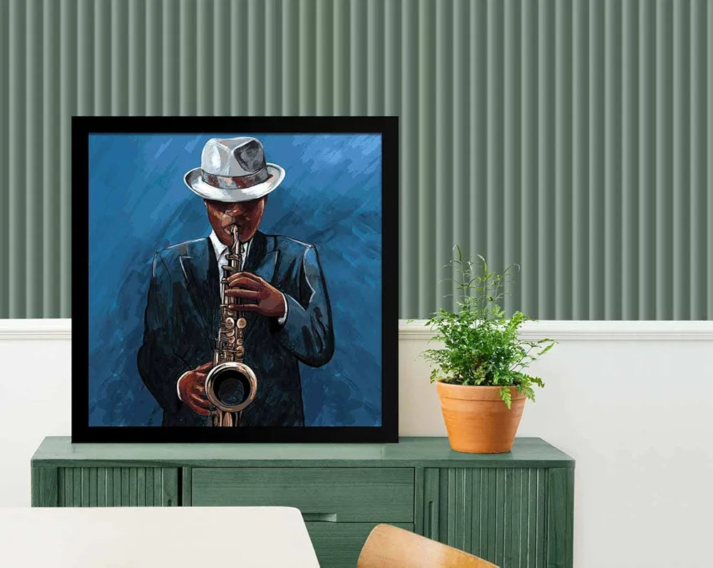 ArtX Musical instrument Man Play Saxophone Big Canvas Painting For Bedroom and Living Room With Frame, Multicolour, Square, 24.0 x 24.0 inch, 2x2 Feet, Set Of 1