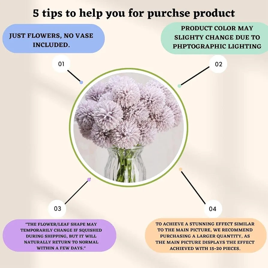 SATYAM KRAFT 5 Pcs Artificial Chrysanthemum Ball Flowers Fabric Sticks Bouquet for Ganpati Decoration Setup for Home, Office, Living Room, Table Decor Item  