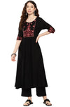 Janasya Women's Black Rayon Yoke Embroidered A-Line Kurta