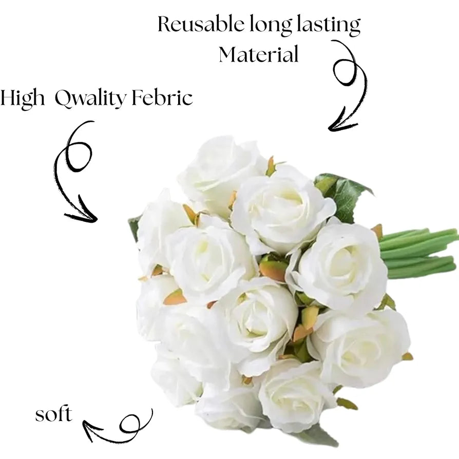 VERVENIX Set of 12 Artificial Rose Flower Bunches for Vase  – Premium Decorative Gift Items for Living Room, Bedroom, Wedding, Party, and Events 