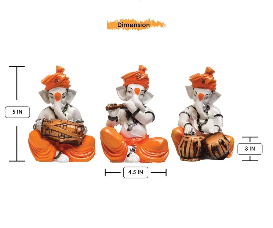 Karigaari India Polyresine Set of 3 Orange Dhoti & Turban Ganesha Playing Instruments Showpiece