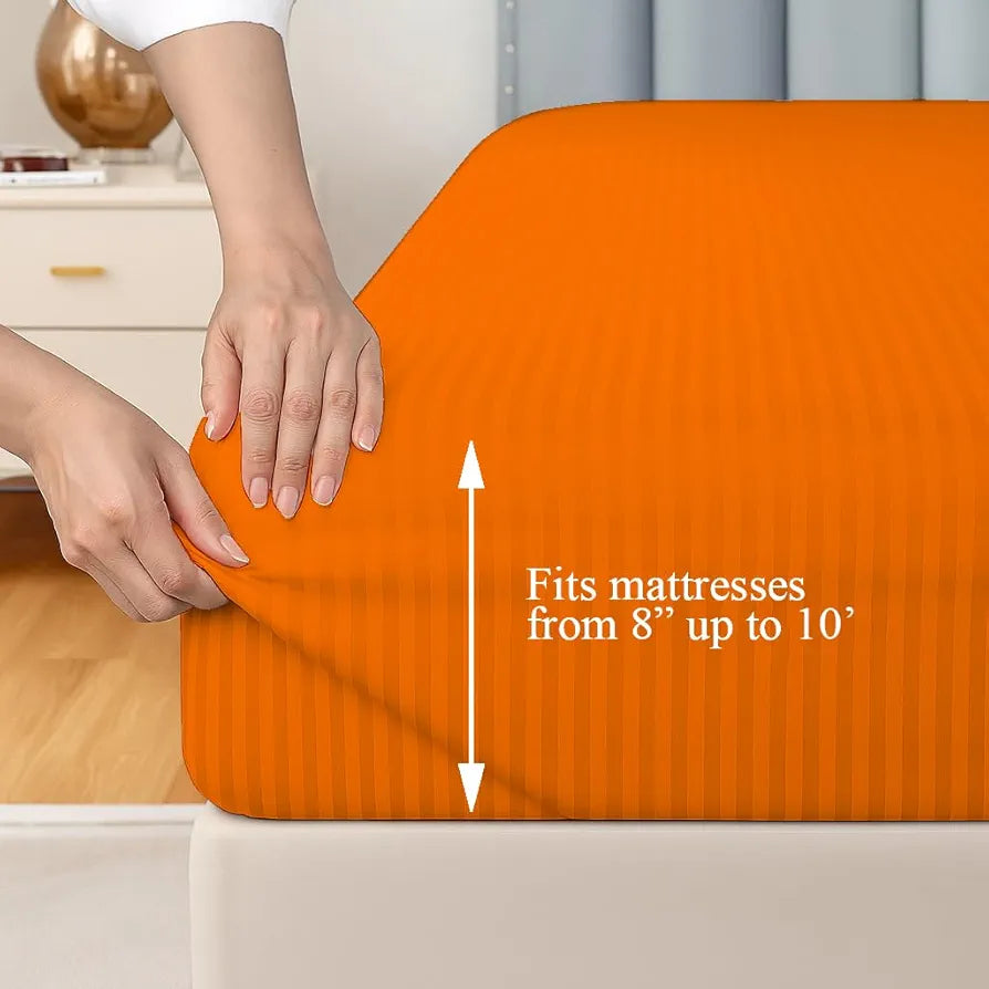 Trance Home Linen 100% Cotton 78x72 inch King Fitted 200TC Satin Stripe Elastic Fitted Bedsheet | Bedroom Hotels Daily Use Fitted Bedspread with 2 Pillow Covers 