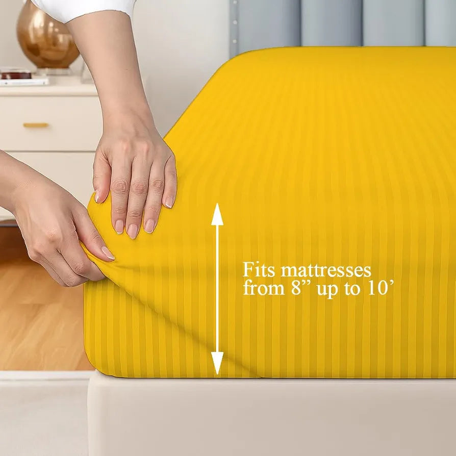 Trance Home Linen 100% Cotton 78x66 inch 200TC Satin Stripe Elastic Fitted Bedsheet | Daily Use Double Bed Fitted Bedspread with 2 Pillow Covers 