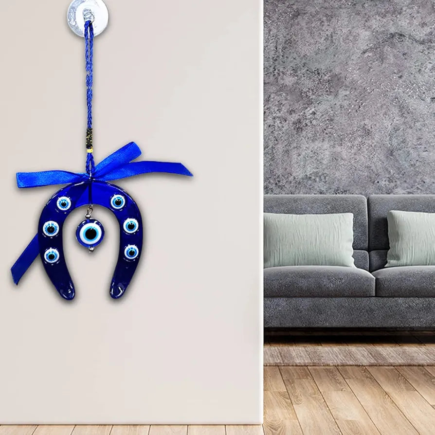Shubhanjali Glass Blue Evil Eye Ghode Ki Naal Hanging For Main Door Entrance Turkish Evil Eye Horseshoe For Wall Hanging Car Home Décor,6 Cm