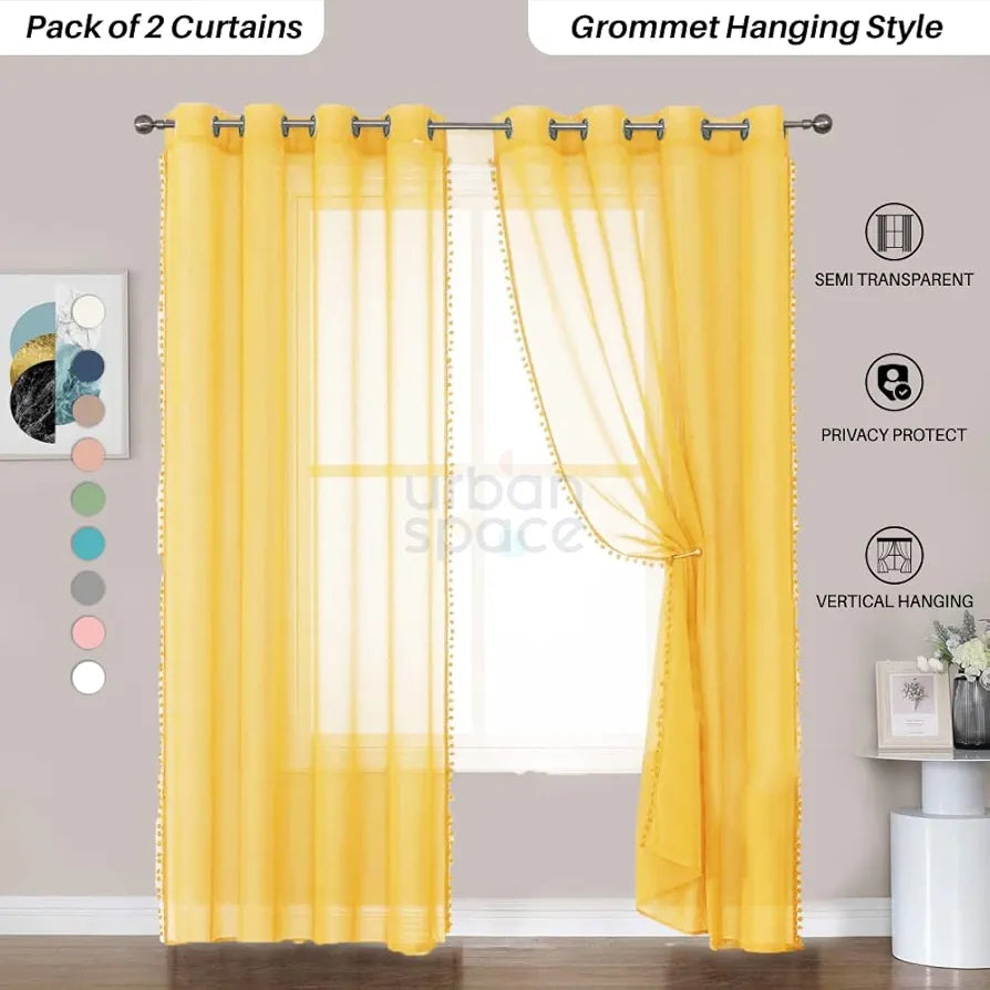Urban Space Linen Textured Sheer Curtain for Door, 35-40% Room Darkening, Decorative Curtain with Tieback, Eyelets Hanging Style, Set of 2 Curtains - Yellow with pom pom 