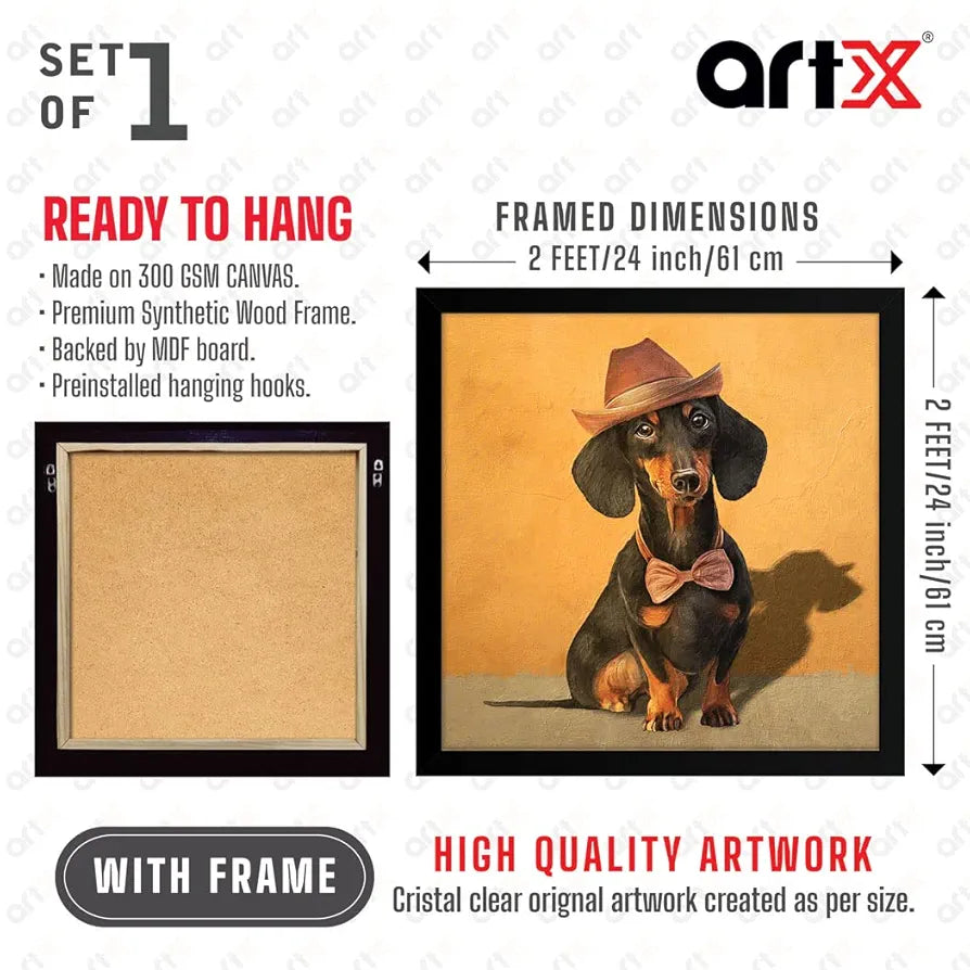 ArtX Black Dog Oil Paint Big Canvas Painting For Bedroom and Living Room With Frame, Multicolour, Square, 24.0 x 24.0 inch, 2x2 Feet, Set Of 1