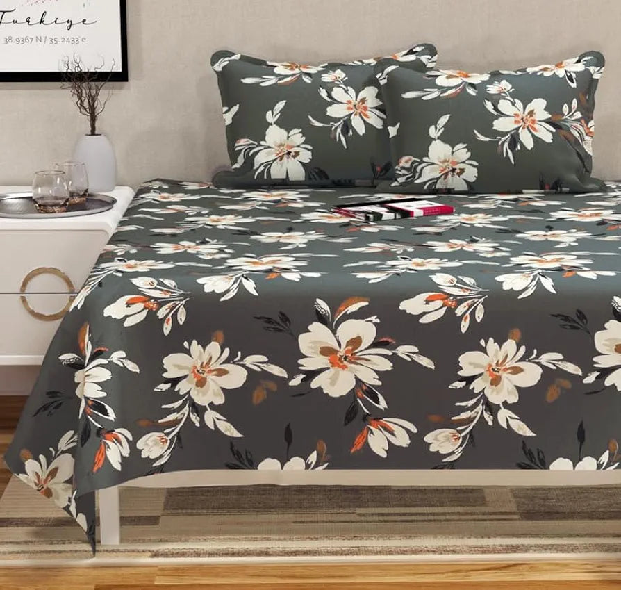 HOMEKART Floral Printed Cotton Feel Double Bedsheet with 2 Pillow Covers |200 Tc Soft, Breathable & Wrinkle-Free| Premium Printed Bedsheet for Home Bedroom 
