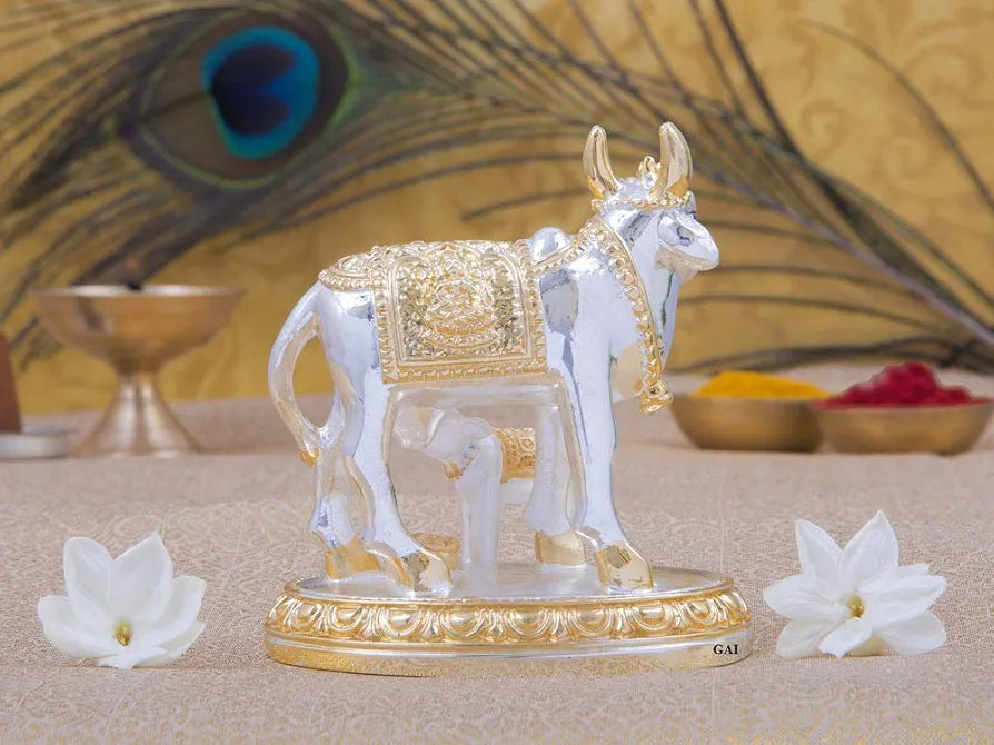 Gold Art India Kamdhenu Cow with Calf Idol Gold Silver Plated | Home Decor Gaay Bachda Cow |Calf for Vastu | Positive Energy | Wealth Idol Diwali Puja | Housewarming 3.3