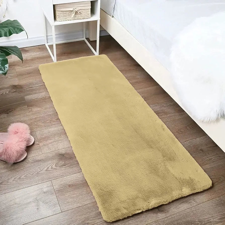LUXE HOME INTERNATIONAL Ruffle Bath Runner Rabbit Fur 1000 Gsm Bathroom Door Foot Mats Anti Skid Water Absorbent Easy Machine Washable Rug For Entrance|Kitchen Floor|2 X 5 Ft|Gold|Pack Of 1