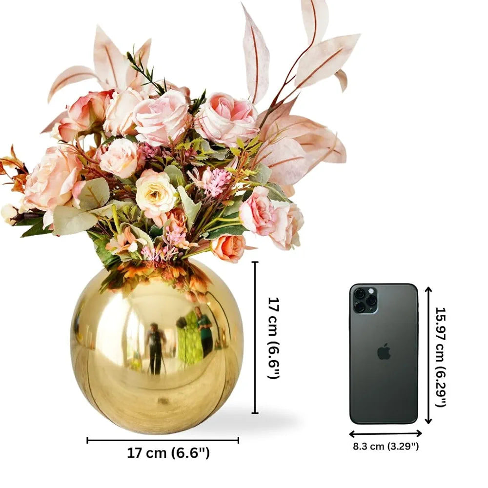 BEHOMA Metal Ball Round Flower Vase for Home Decor|Table Decorative Item for Bedroom Living Room Office Wedding | Best Gift for Birthday Anniversary Festival | Gold, Medium 