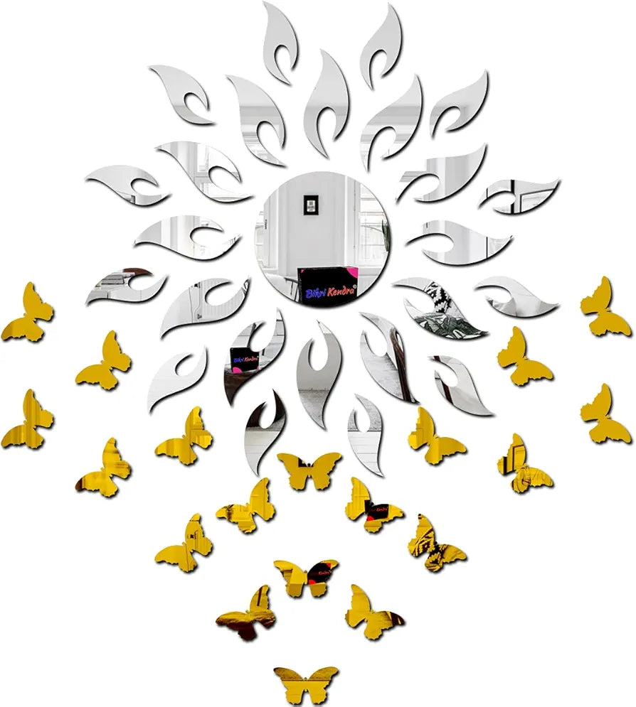 Bikri Kendra 3D Acrylic Glass Sun Butterfly Mirror Wall Mount Sticker 