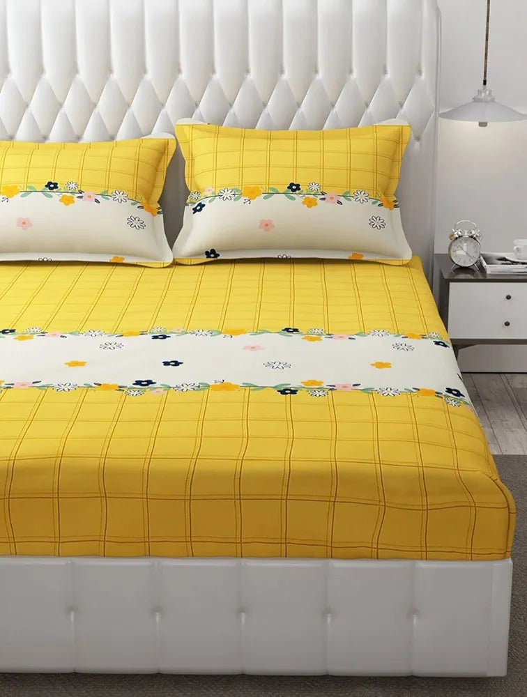 THE HOME STYLE Cotton Feel Glace Cotton Elastic Fitted Printed King Size Double Bed Bedsheet With 2 Pillow Cover,350 TC