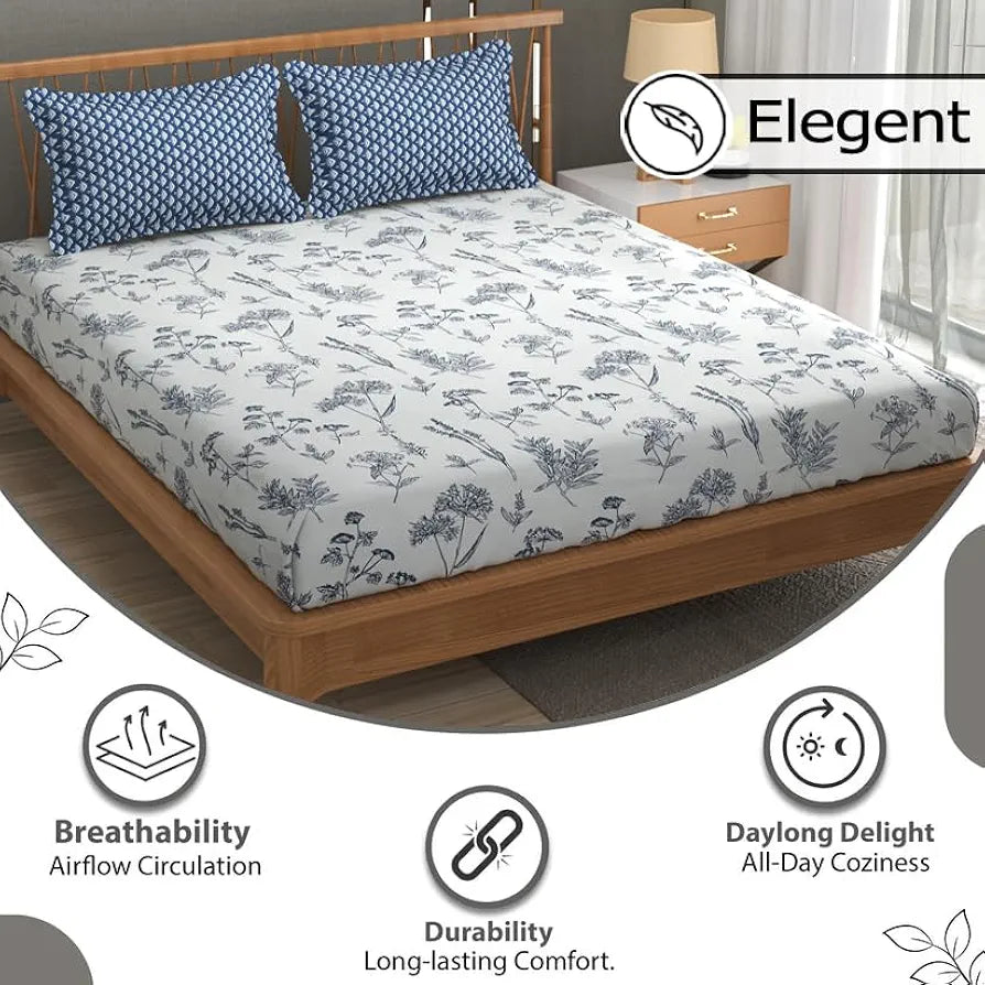 Fresh From Loom Microfiber Soft Cotton Bedsheet Queen Size |Hypoallergenic Bedsheet for Double Bed | 200 TC Anti Fade Printed Bed Cover with 2 Pillow Cover 