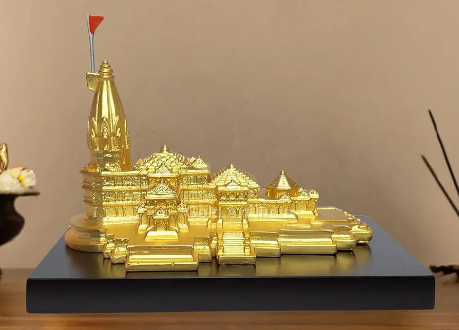 Gold Art India Ram Mandir Ayodhya Gold Plated Matte 24 Karat - Minature for Car Dashboard, Gifting, Puja Room, Office Desk, Home Decor 