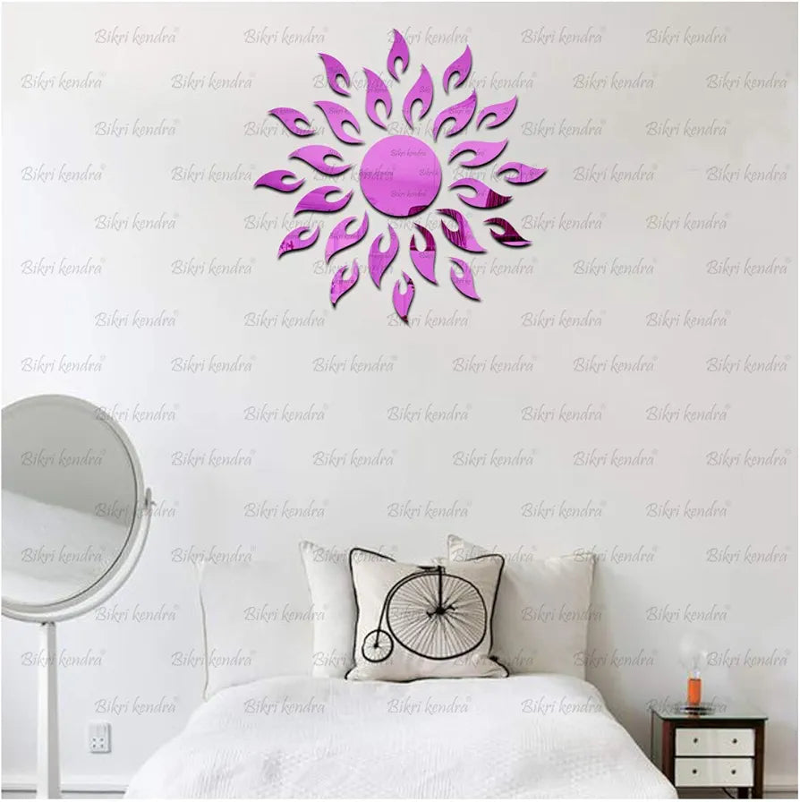 Bikri Kendra Ind - Sun with 12 Hexagon Rings  Mirror Stickers for Wall, Acrylic Sticker for Wall