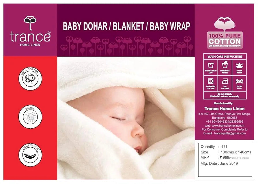 Trance Home Linen Pure Malmal Cotton Multipurpose Baby Dohar | 3-Layered Baby Swaddle | Soft -Lightweight Blanket | Crib Blanket 