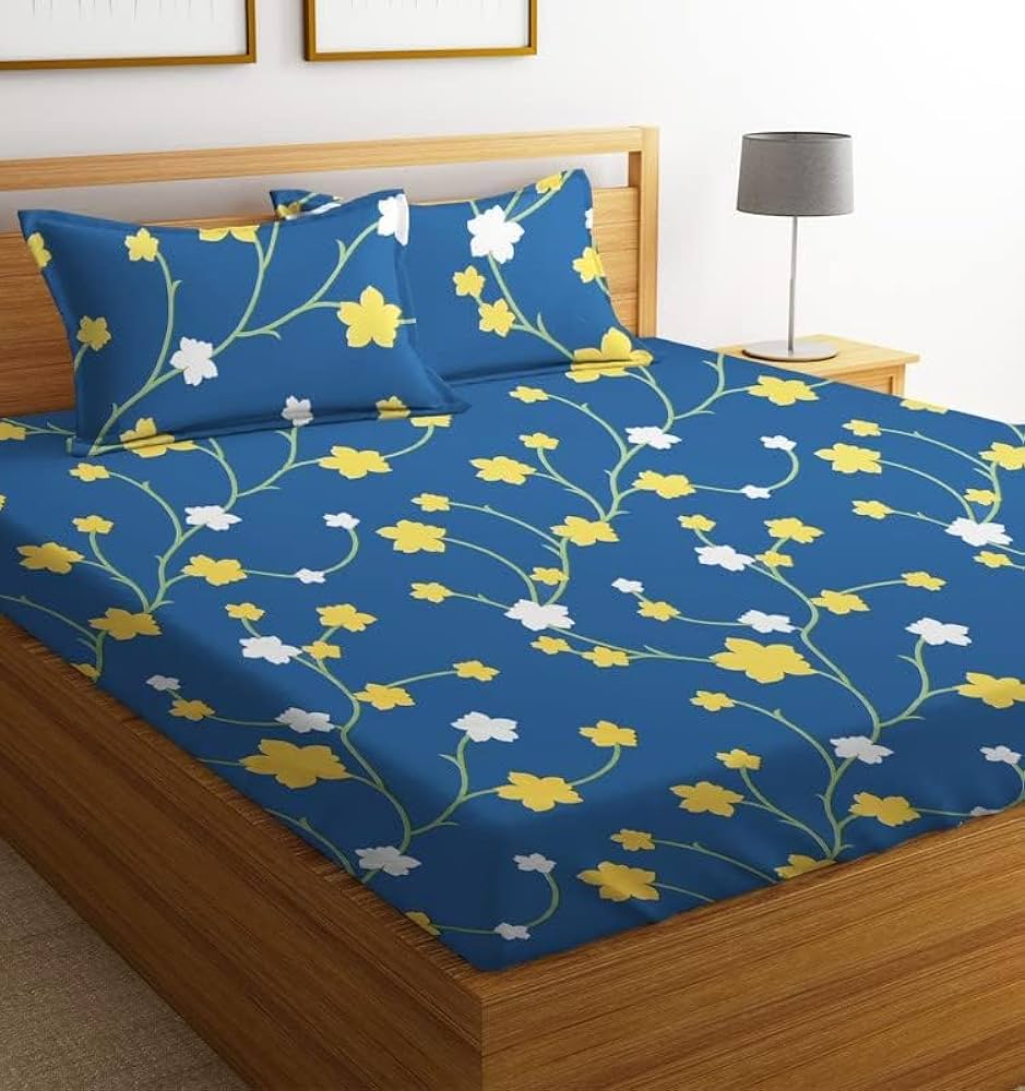 BSB HOME Prime Collections 160tc Pure Microfiber Glace Cotton Breathable Supersoft Wrinkelfree Double Bedsheet with 2 King Size Pillow Covers-Yellow and White