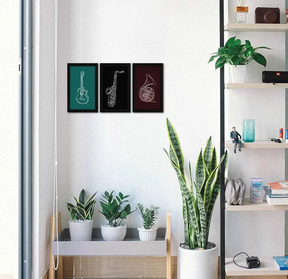 ArtX Paper Music Instruments Wall Art Painting, Framed Paintings 13 X 25.5 inches, 8.5 X 13 each, Multicolor, Set of 3 