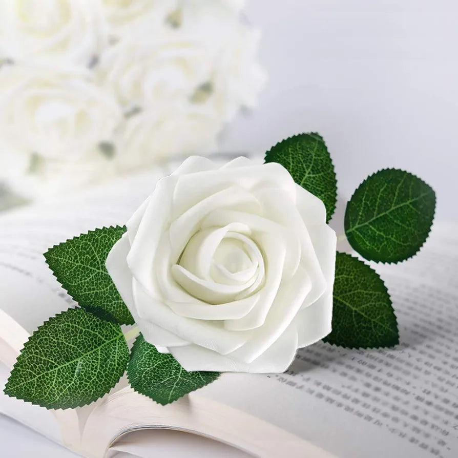 Higfra Artificial Flowers White Roses Real Looking Fake Roses with Stem Leaves for DIY Wedding Bouquets Centerpieces Arrangements Party Baby Shower Home Decorations - White