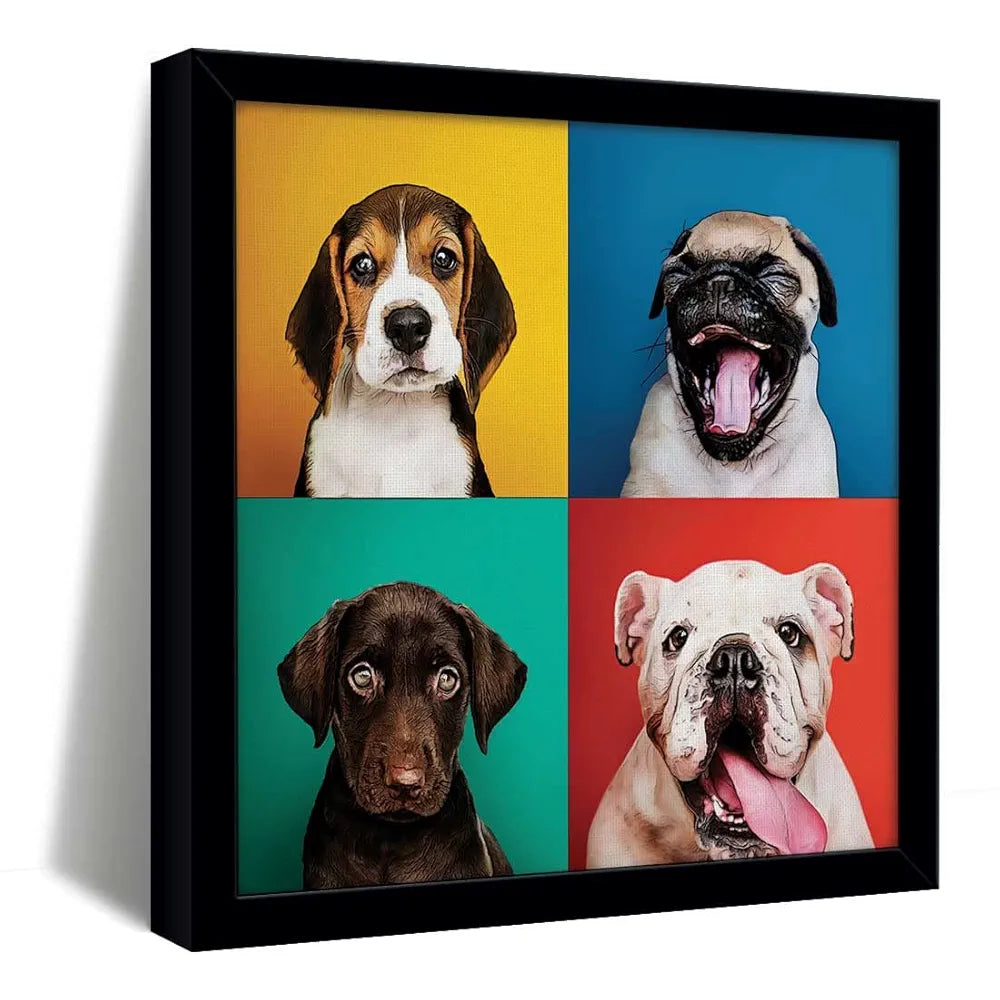 ArtX Four Dog Popart Big Canvas Painting For Bedroom and Living Room With Frame, Multicolour, Square, 24.0 x 24.0 inch, 2x2 Feet, Set Of 1
