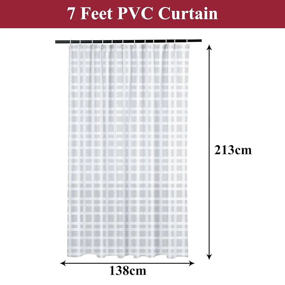 Kuber Industries PVC Shower Checkered Light-Filtering Curtain | 7 Feet White with Hooks for Bathroom