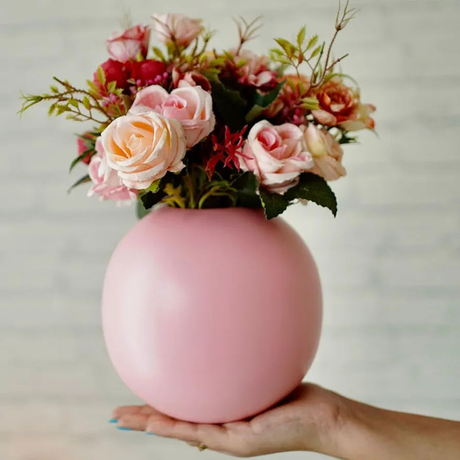 BEHOMA Metal Ball Round Vase for Home Decor | Table Decorative Item for Bedroom Living Room Office Wedding | Best Gift for Birthday Anniversary Festival | Pink, Medium