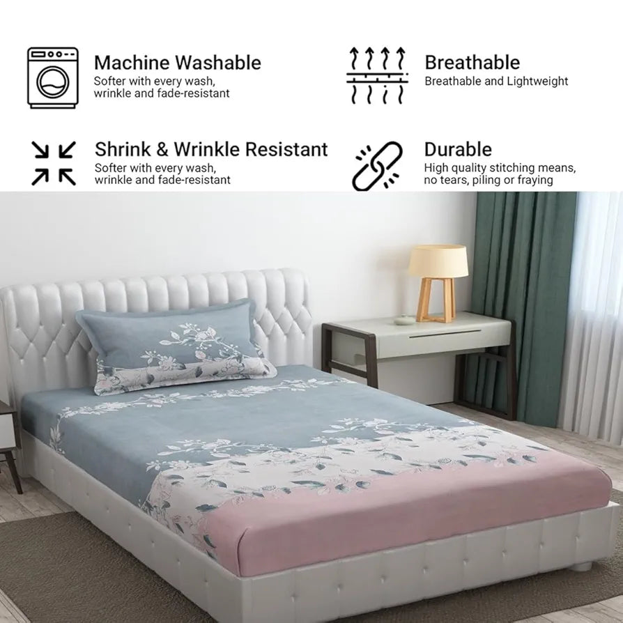 FRESH FROM LOOM Microfiber Single Bedsheet For Single Bed|Hypo-Allergenic Floral Design Bed Spread|Wrinkle Free Bedsheets/Bedcover|1 Pillow Covers Included,144 TC