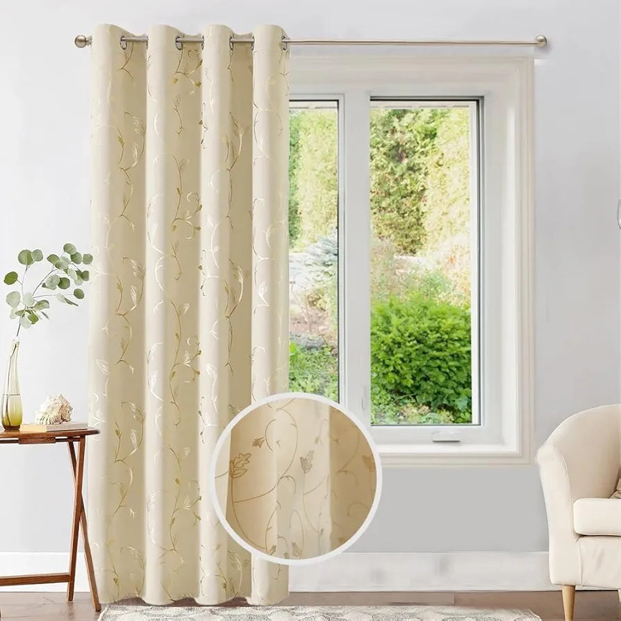 Urban Space Pure Blackout Opaque Curtains For Living Room, Gold Foil Printed Luxurious 80-85% Blackout Opaque Curtains Eyelet With Tieback, 1 Piece Pack, Floral Vine Beige 