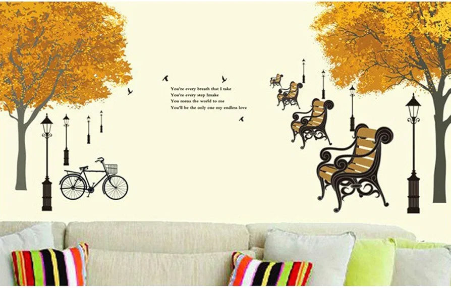 Decals Design Trees in Autumn Antique Lamps Benches Bicycle and Love Q ...
