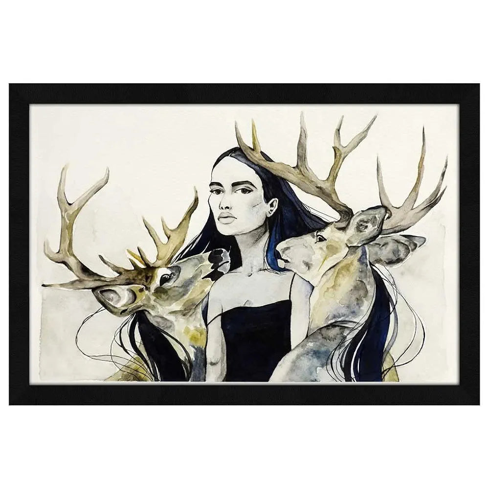 ArtX Paper Watercolor Stag Qween Framed Wall Art Painting, Wall Decor For Living Room, Multicolor, Abstract, 12.5 X 18.5 inches, Set of 1