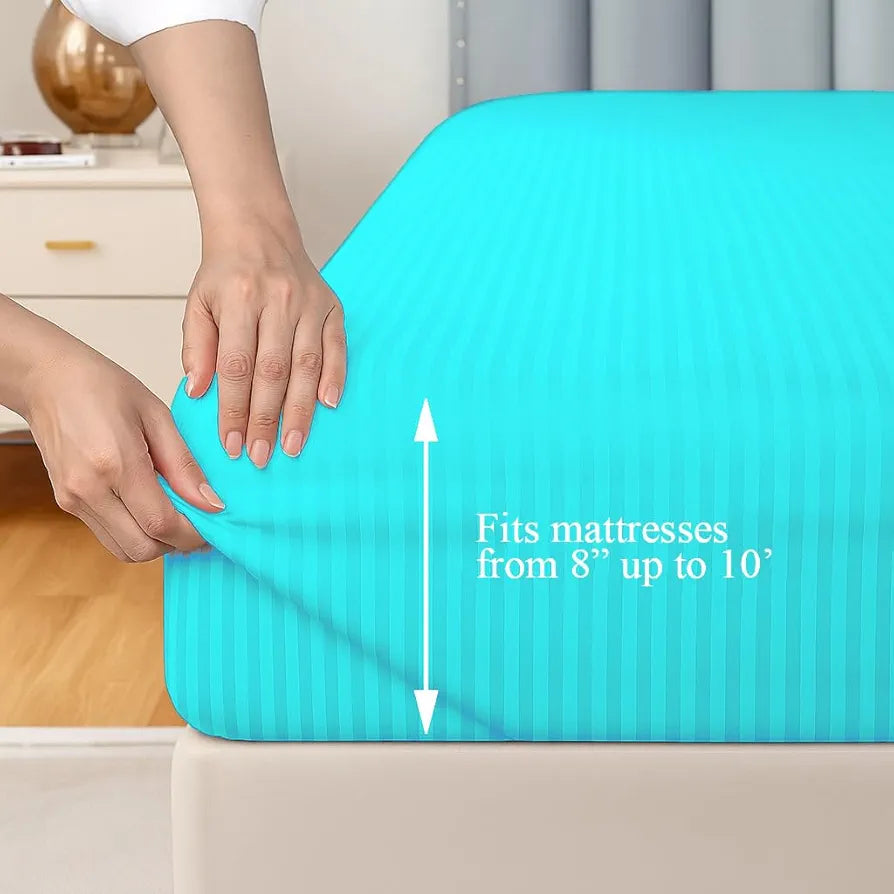 Trance Home Linen 100% Cotton 78x60 inch Queen Fitted 200TC Satin Stripe Elastic Fitted Bedsheet | Daily Use Double Bed Fitted Bedspread with 2 Pillow Covers 