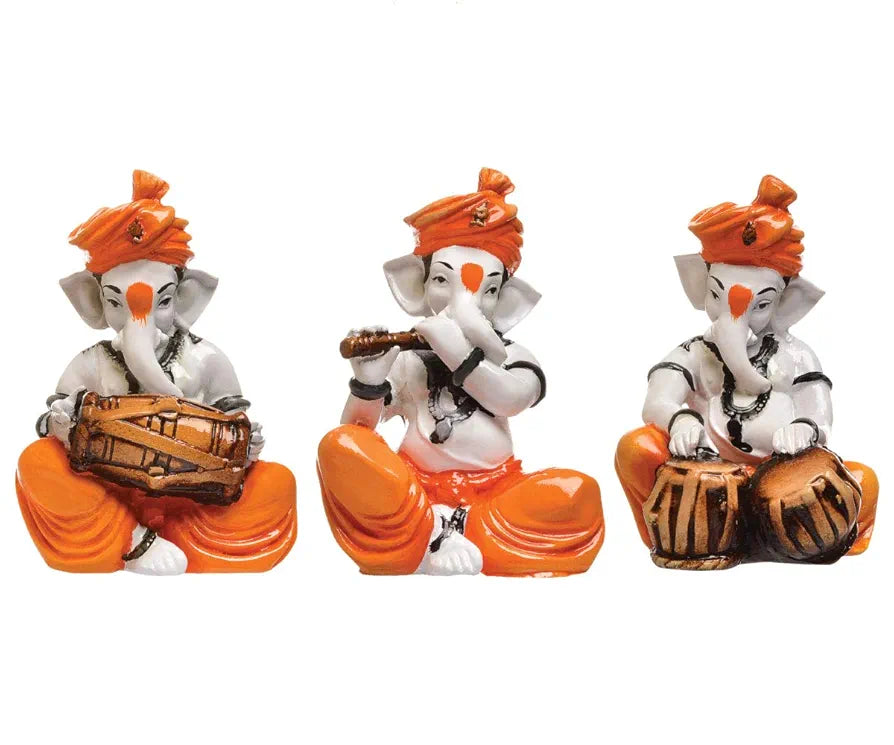 Karigaari India Polyresine Set of 3 Orange Dhoti & Turban Ganesha Playing Instruments Showpiece